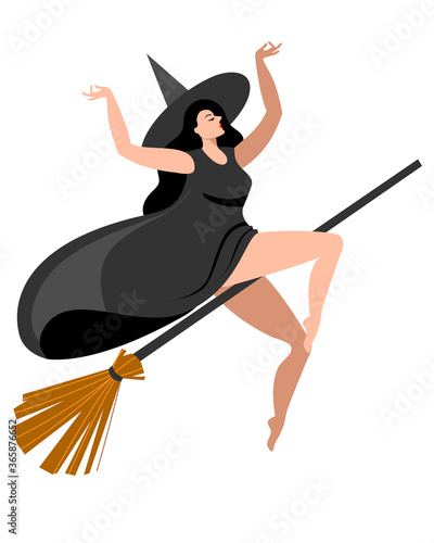 A slender girl is flying on a broomstick in a witch costume. Vector illustration in a flat style on the theme of Halloween.