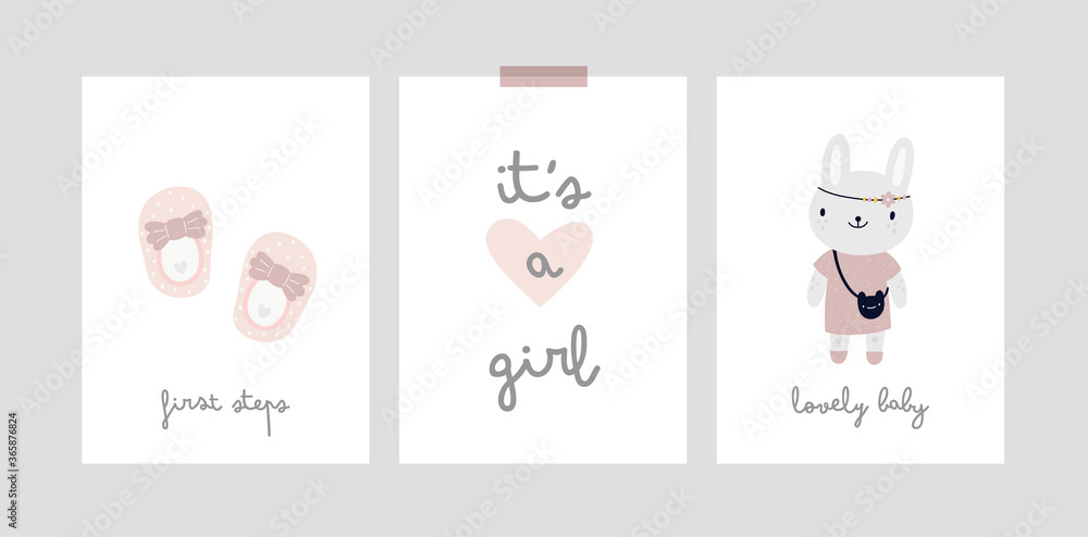 Childish card or poster with cute rainbow character. Milestone cards set. Baby shower print collection. It's a girl. Ideal for kids room decoration, clothing, prints