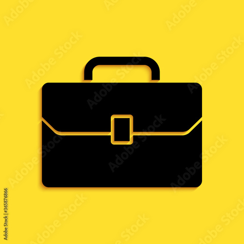 Black Briefcase icon isolated on yellow background. Business case sign. Business portfolio. Long shadow style. Vector.