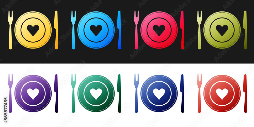 Set Heart on plate, fork and knife icon isolated on black and white background. Happy Valentine's day. Vector. Set Heart on plate, fork and knife icon isolated on black and white background. Happy Valentine's day. Vector.