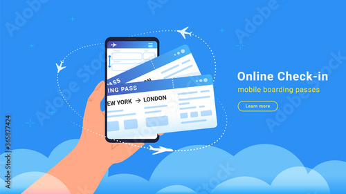 Boarding pass mobile add for online check-in and airplanes flying around in clouds. Concept vector illustration of human hand holds a smartphone with two mobile boarding passes on blue background