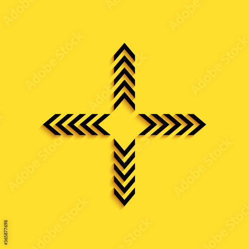 Black Arrows in four directions icon isolated on yellow background. Long shadow style. Vector.