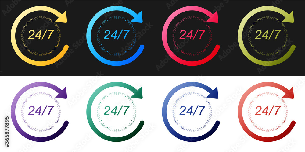 Obraz premium Set Open 24 hours a day and 7 days a week icon isolated on black and white background. All day cyclic icon. Vector.