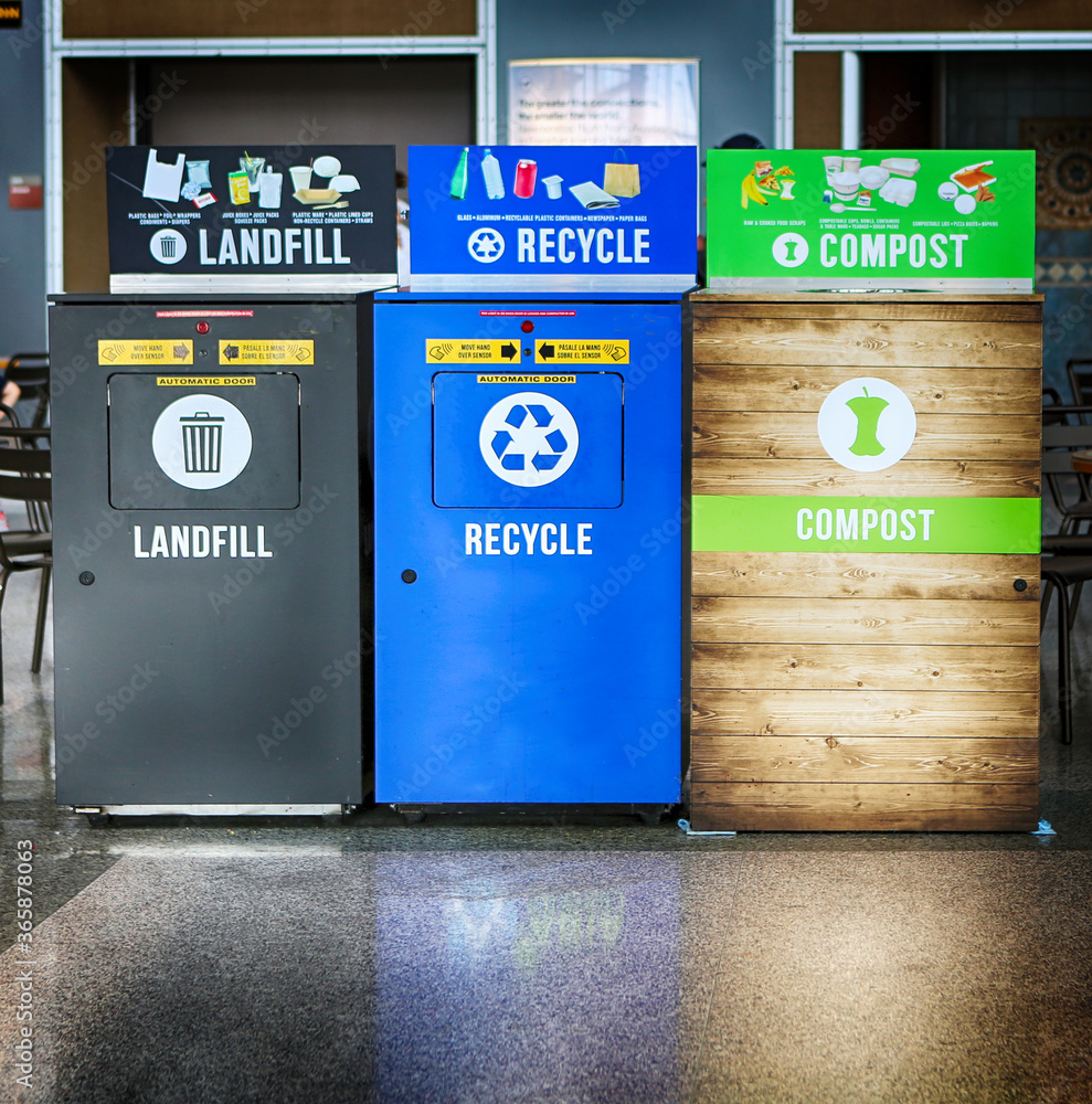 May 29, 2019. AustinBergstrom International Airport, Austin, Texas. Recycling bins landfill