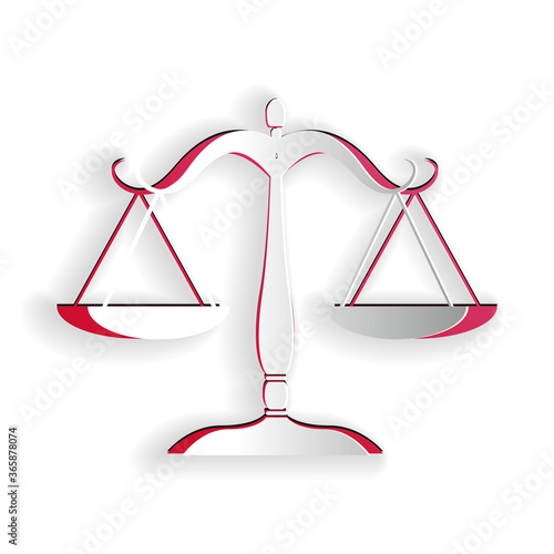 Paper cut Scales of justice icon isolated on white background. Court of law symbol. Balance scale sign. Paper art style. Vector.