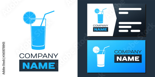 Logotype Glass of juice icon isolated on white background. Orange slice and tube for drinking. Healthy organic food. Logo design template element. Vector.