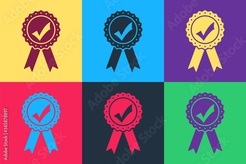 Pop art Approved or certified medal with ribbons and check mark icon isolated on color background. Vector.