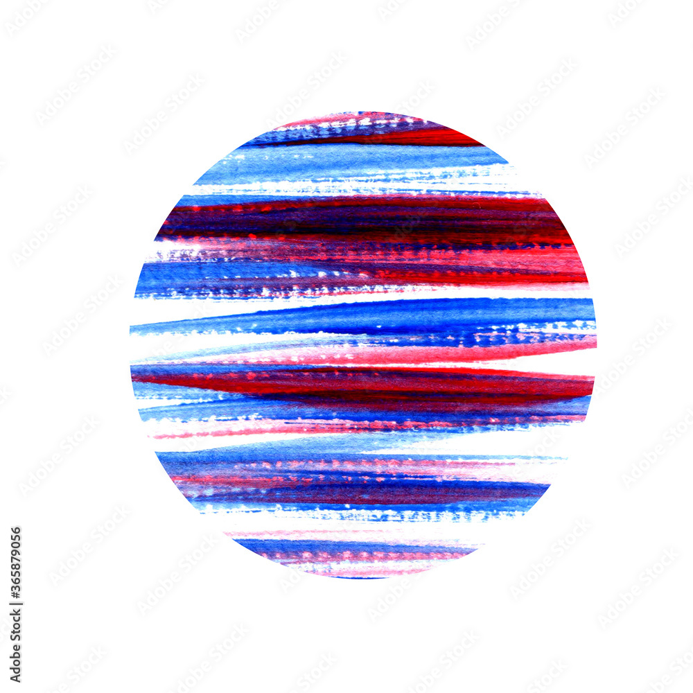 Fototapeta premium A circle with spots of red and blue on a white background. Acrylic brush strokes. Stock image.