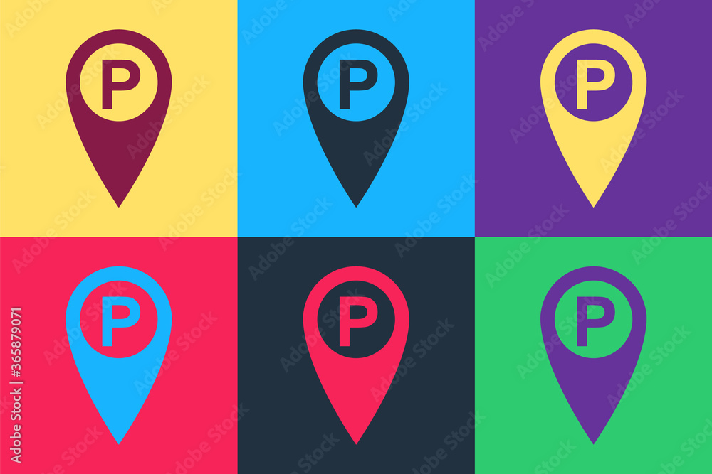 Pop art Map pointer with car parking icon isolated on color background. Vector. Pop art Map pointer with car parking icon isolated on color background. Vector.