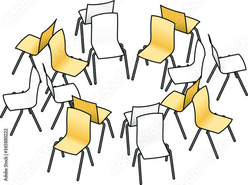 16 chairs arranged in a back-to-back circle for group work, or group therapy.