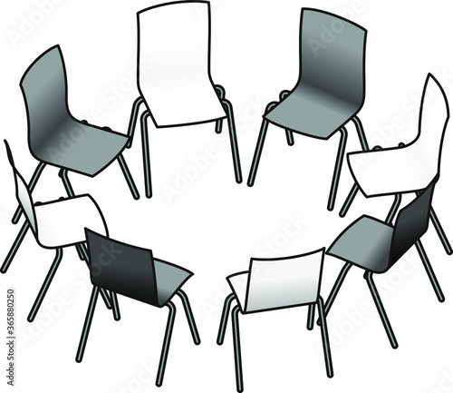 Eight chairs arranged in a circle - alternate black and white - for group work, or group therapy.