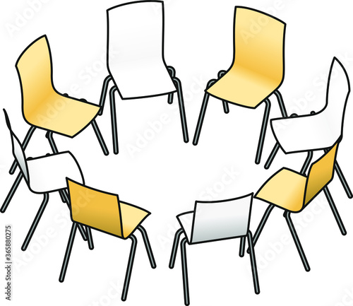 Eight chairs arranged in a circle - alternate beech and white -  for group work, or group therapy.