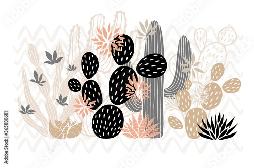 Cactus succulent wild rose flowers tender pink brown pastel color watercolor. Wild beautiful cacti succulents collection. Hand drawn vector illustration