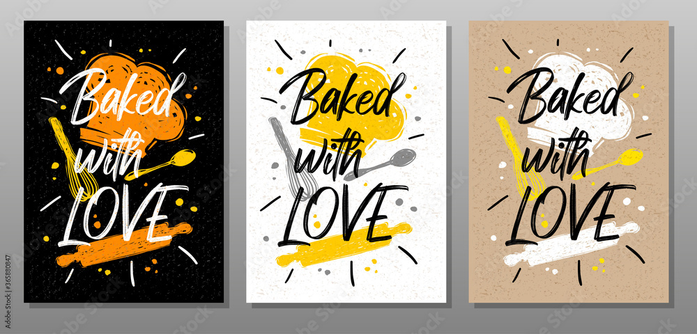 Baked with Love, quote food poster. Cooking, culinary, kitchen, print, utensils, apron, fork, knife, master chef. Lettering calligraphy poster chalk chalkboard sketch style Vector illustration