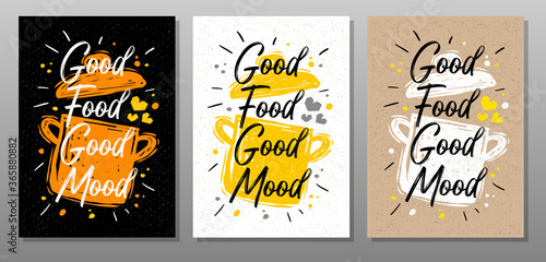 Good food good mood, quote food poster. Cooking, culinary, kitchen, print, utensils, pot, heart, master chef. Lettering, calligraphy poster chalk chalkboard sketch style Vector illustration