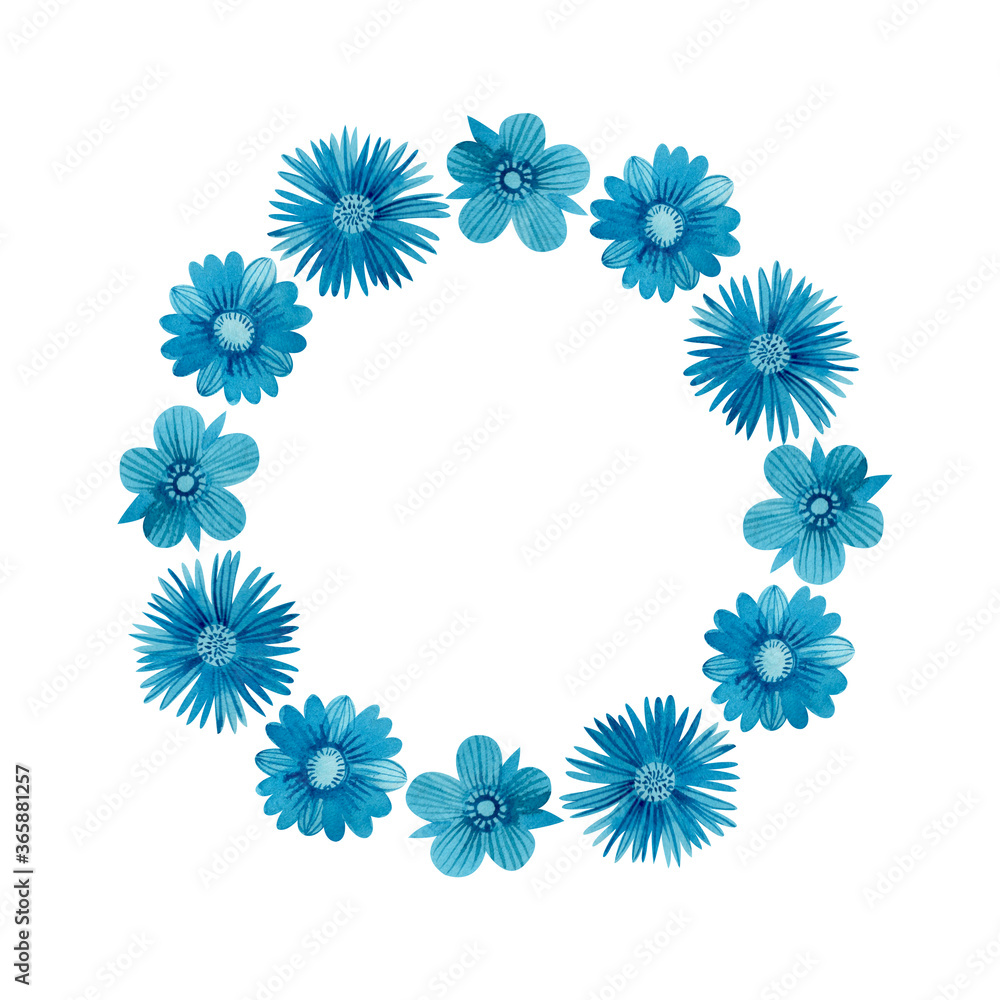 Wreath (frame) of blue flowers painted with watercolors. Wreath (frame) of blue flowers painted with watercolors.