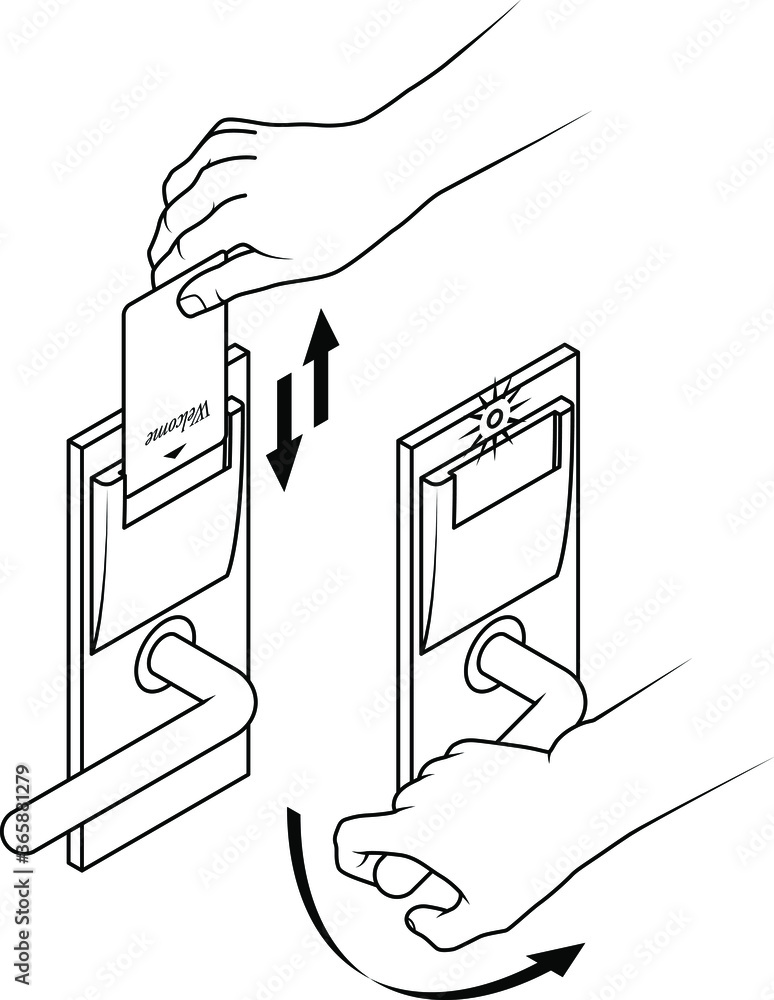 Electronic keycard door opening instructions diagram. Insert and remove