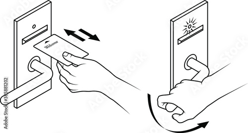 Electronic keycard door opening instructions diagram. Insert and remove card front slot. Two steps. Line art.