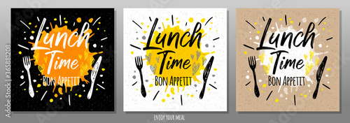 Fotografia Lunch time Bon Appetit, enjoy your meal, quote, phrase, food poster, splash, fork, knife