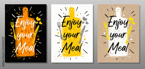 Enjoy your meal, quote phrase food poster. Cooking, culinary, kitchen, print, utensils, cutting board, heart, master chef. Lettering, calligraphy poster chalk chalkboard sketch style Vector