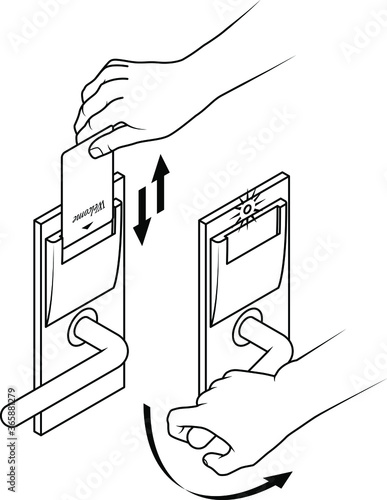 Electronic keycard door opening instructions diagram. Insert and remove card top slot. Two steps. Line art.