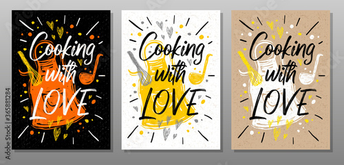 Cooking with love, quote phrase food poster. Cooking, culinary, kitchen, print, utensils, cutting board, heart, master chef. Lettering, calligraphy poster chalk chalkboard sketch Vector illustration