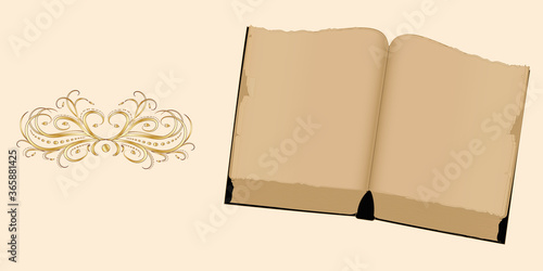 Old open book, blank sheets, vintage decor - vector. Literature.
