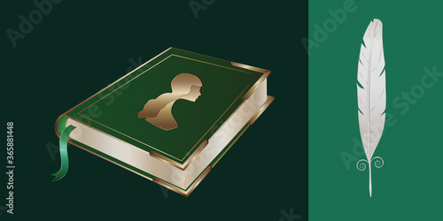 Book with a woman's portrait on the cover, exclusive, metal corners - quill pen - vector. Literature.
