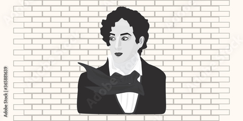 Portrait of a retro author, poet romantic - brick wall background - vector. Hobby. Literature.