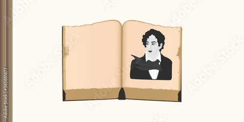 Retro book open with portrait of retro Author, poet romantic - vector. Literature.