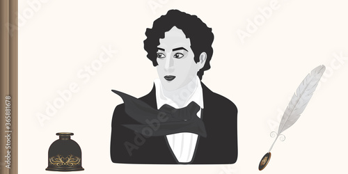 Retro portrait Author, poet, writer, novelist, antique inkwell, quill pen - vector. Hobby. Literature.