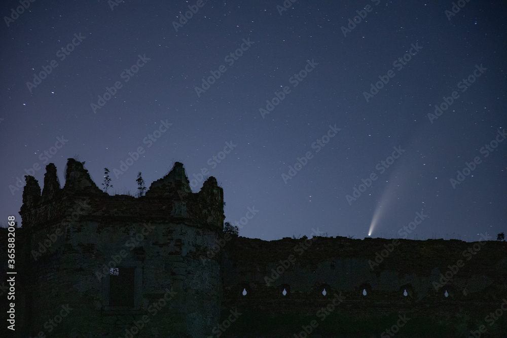 Stare selo, Ukraine, 16 July 2020.  Neowise comet above the castle of Stare selo village in Ukraine.