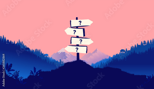 Difficult choice - Signpost in open nature landscape pointing in different directions with question marks. Trouble making choices concept. Vector illustration.