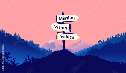 Mission vision and values signpost outdoors in nature landscape. Guidepost pointing in three directions. Business strategy concept. Vector illustration.