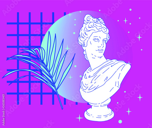 Gypsum statue in neon pink and blue lightning. Classical sculpture in vaporwave retrofuturistic aesthetics style. Vector illustration.