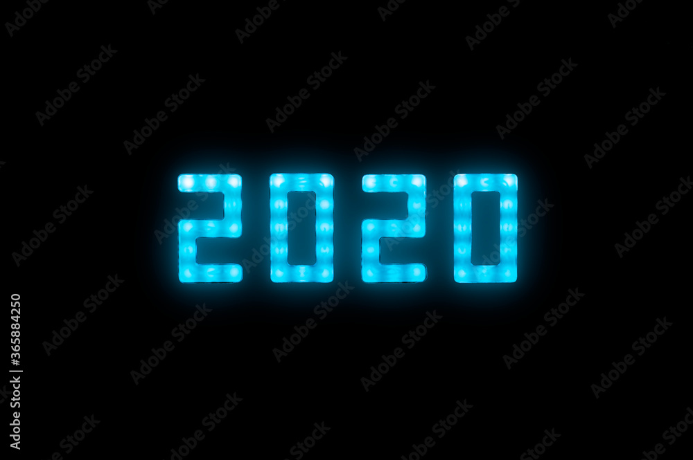 Blue neon glowing led 2020 sign on black