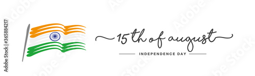 India Independence day 15th of august handwritten typography text India abstract wavy flag white background banner
