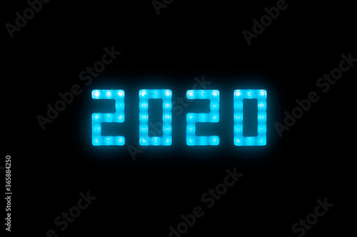 Blue neon glowing led 2020 sign on black