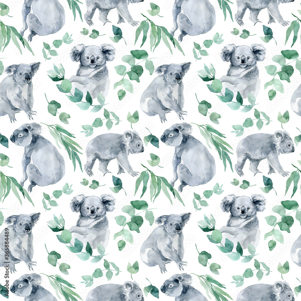 watercolor seamless pattern with koala with eucalyptus branches. The ...
