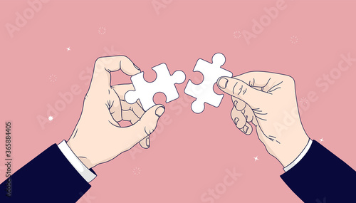 Business solution and problem solving - Man piecing together jigsaw, a metaphor for completing, finishing and solve problem. Vector illustration.