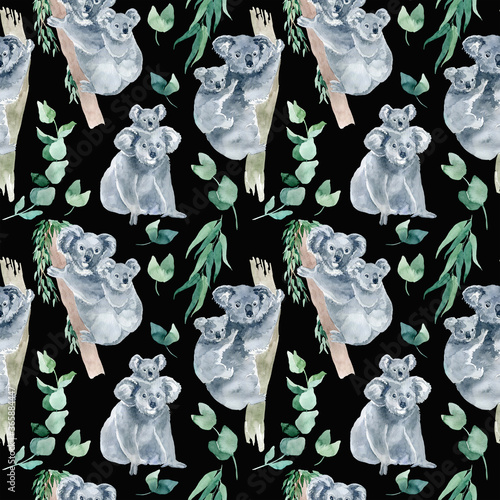 Canvas Print watercolor seamless pattern with koala with eucalyptus branches