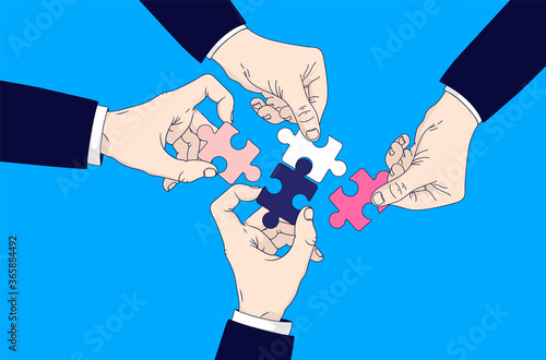 Teamwork solution - Four hands with puzzle pieces coming together and finding solutions. Teamwork concept. Vector illustration.