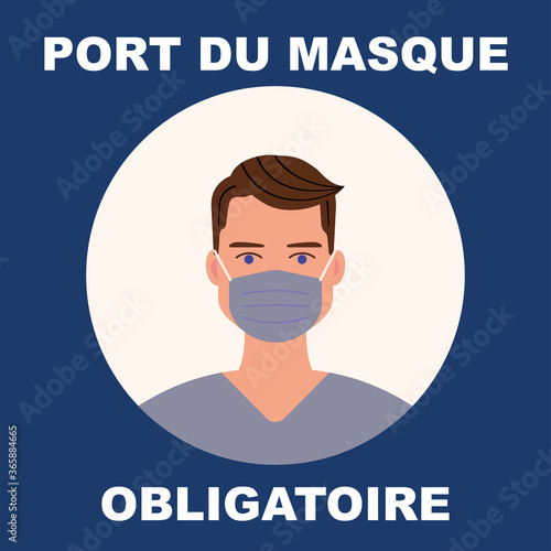 affiche pour le port du masque obligatoire en blanc avec un homme portant un masque dans un rond blanc sur un fond bleu