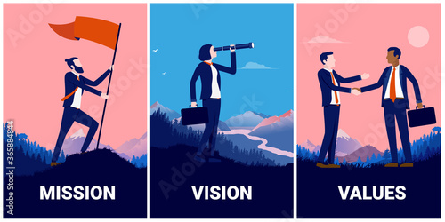 Mission vision and values illustration. Set off illustrations for your business strategy. Man raising flag, woman looking for opportunities, and two men handshaking. Vector illustration.
