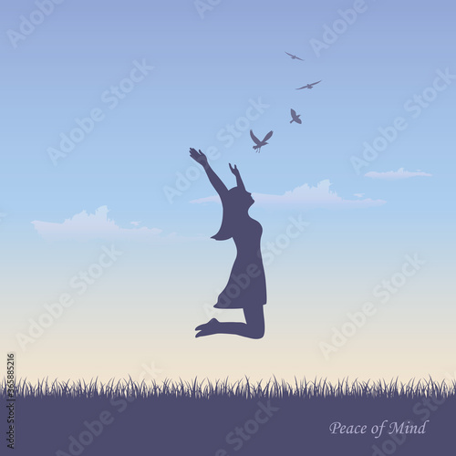happy girl with raised arms jumps on summer landscape vector illustration EPS10