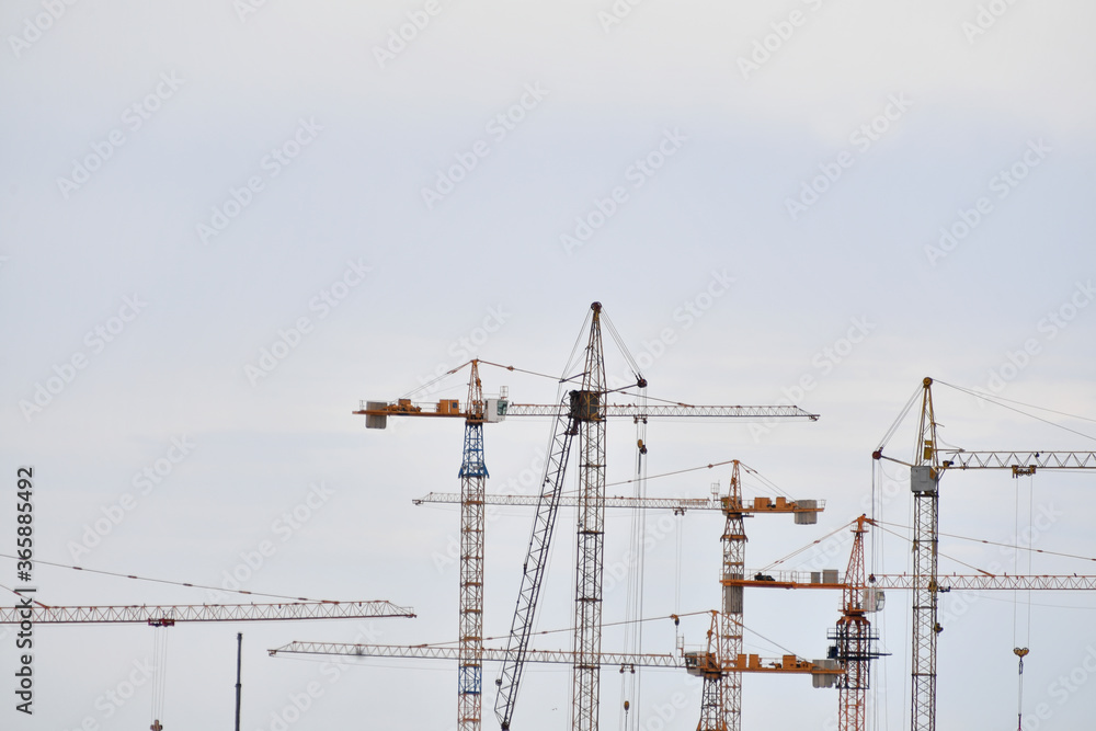 construction, crane, sky, building, tower, cranes, industry, blue, site, electricity, architecture, power, industrial, energy, steel, build, high, tall, business, development, engineering, structure, 