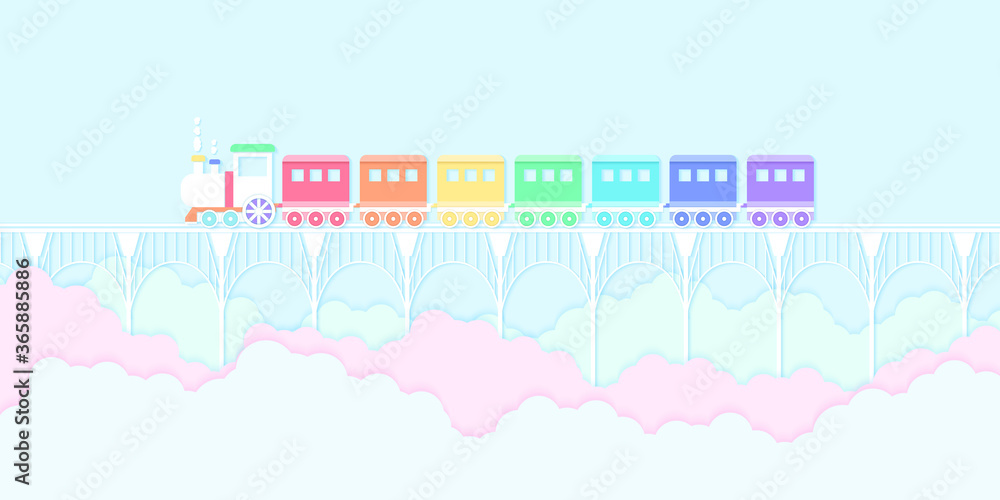 Transportation, rainbow color train running on the bridge with blue sky and colorful clouds, paper art style