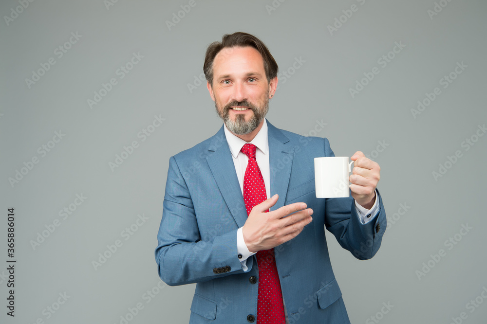 Man formal suit drink coffee ceramic mug, happy morning concept Man formal suit drink coffee ceramic mug, happy morning concept