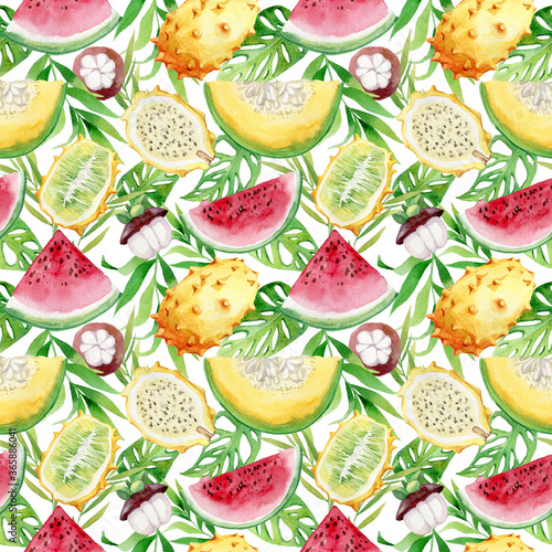 Fototapeta Naklejka Na Ścianę i Meble -  Watercolor seamless pattern with Tropical fruits and palm leaves. Exotic fruits set. Bright colorfull  background. Dragon fruit, pitaya, banana, coconut.