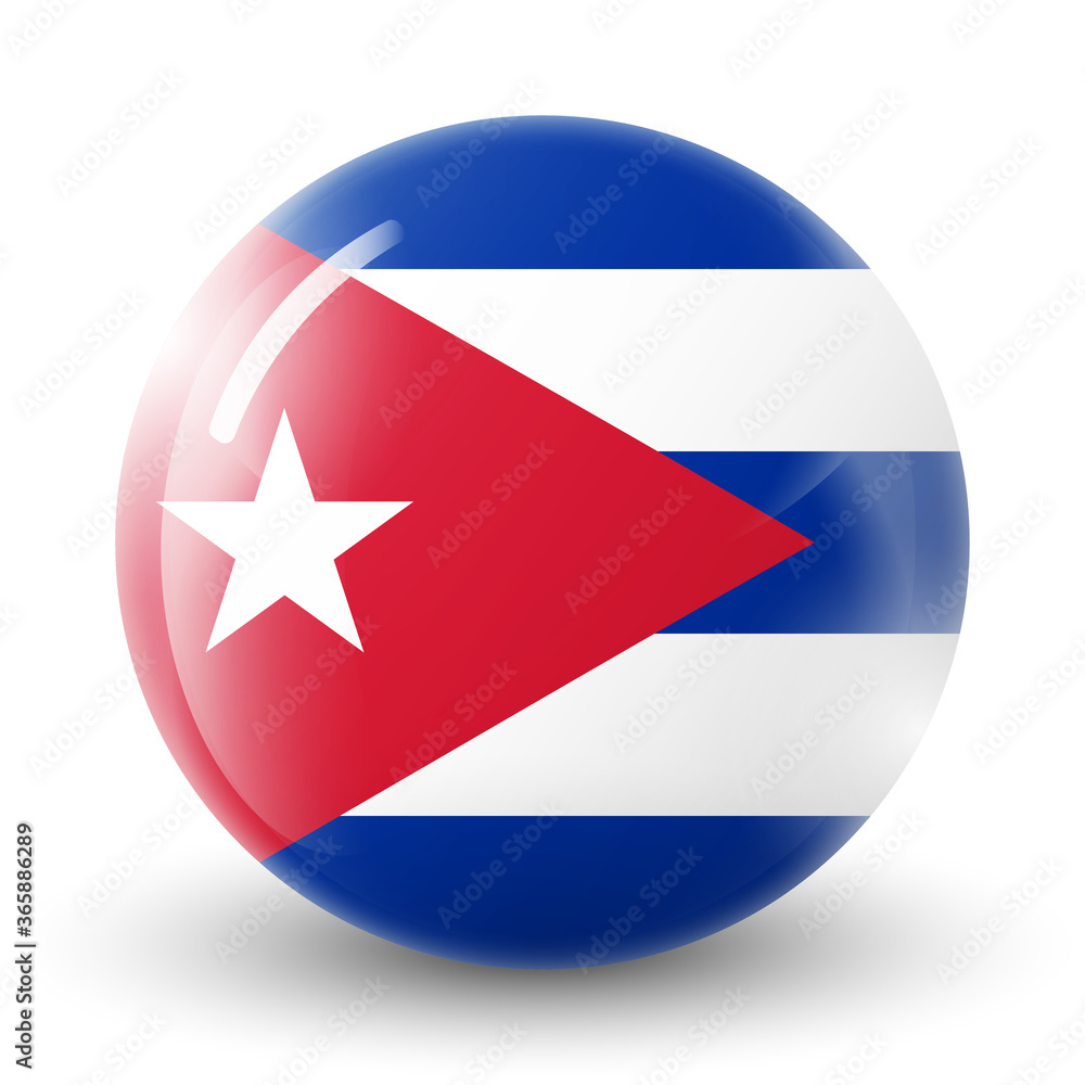 Glass light ball with flag of Cuba. Round sphere, template icon. Cuban national symbol. Glossy realistic ball, 3D abstract vector illustration highlighted on a white background. Big bubble. Glass light ball with flag of Cuba. Round sphere, template icon. Cuban national symbol. Glossy realistic ball, 3D abstract vector illustration highlighted on a white background. Big bubble.